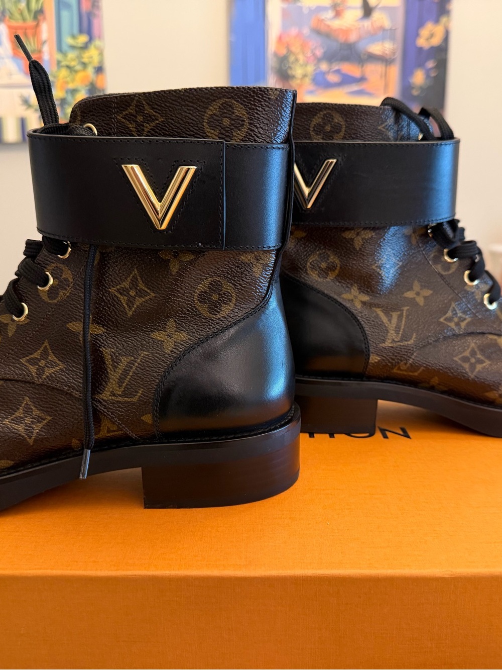 Louis Vuitton Women’s Ranger Brown Monogram Combat Boots with Black Leather Trim
